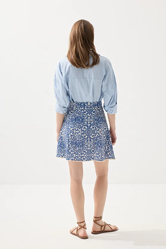 Patterned Viscose Mini Skirt - Navy Blue - Gusto