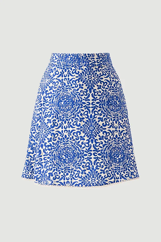 Patterned Viscose Mini Skirt - Navy Blue - 7