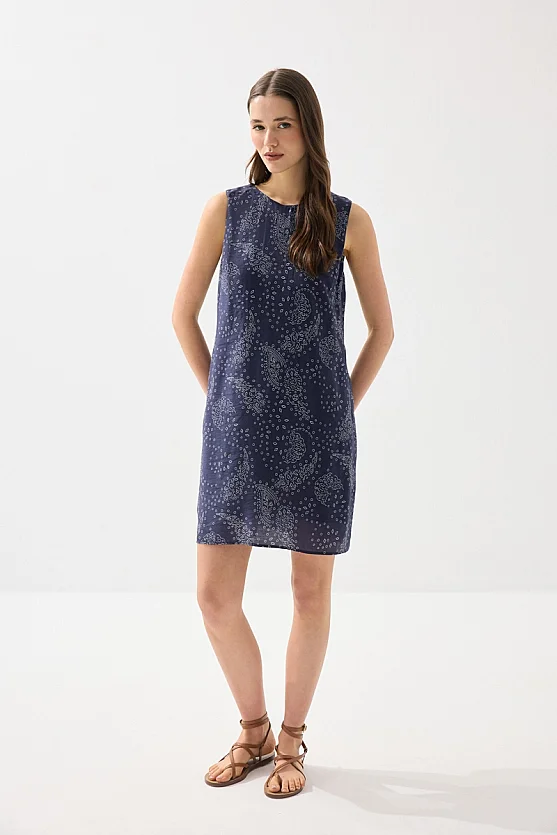 Patterned Viscose Pinafore Dress - Navy Blue - 1