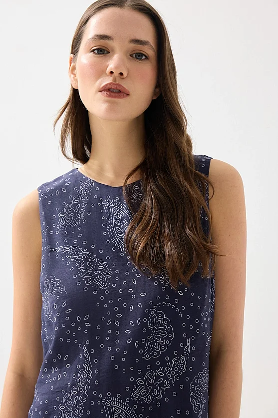 Patterned Viscose Pinafore Dress - Navy Blue - 5