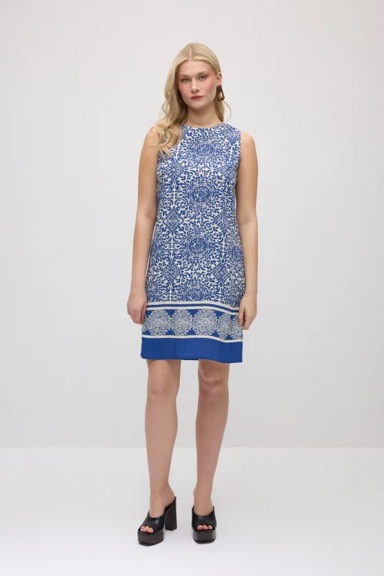 Patterned Viscose Pinafore Dress - Navy Blue - 1