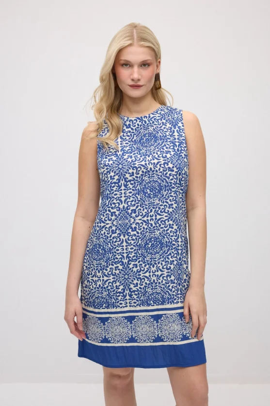 Patterned Viscose Pinafore Dress - Navy Blue - 2