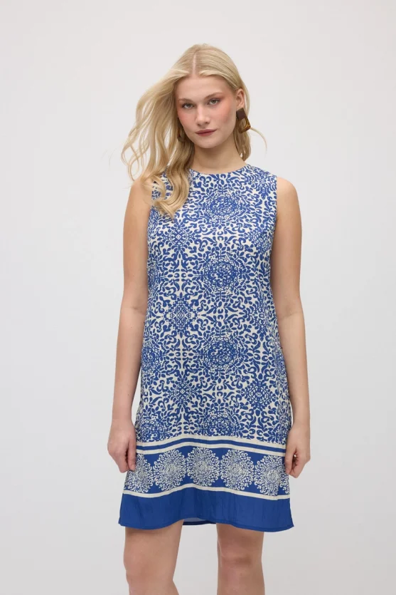 Patterned Viscose Pinafore Dress - Navy Blue - 3