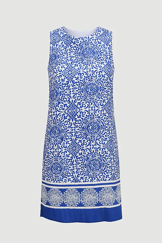 Patterned Viscose Pinafore Dress - Navy Blue - Gusto