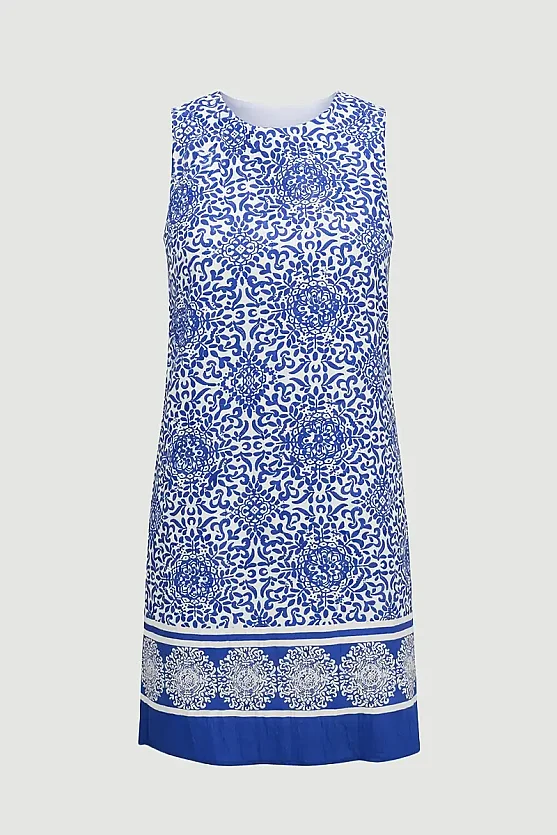 Patterned Viscose Pinafore Dress - Navy Blue - Gusto