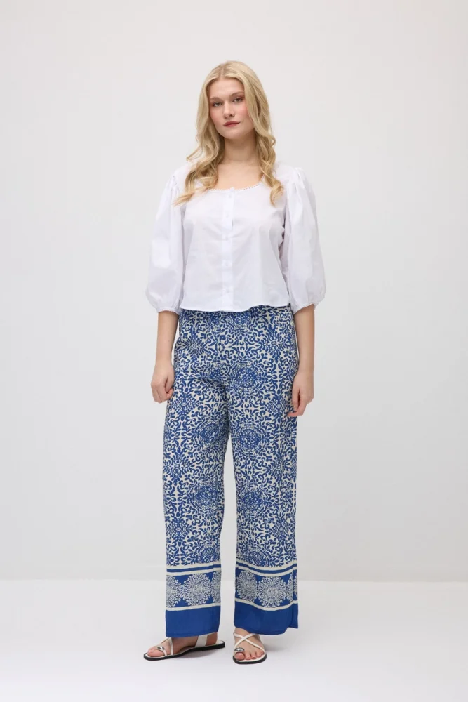Patterned Viscose Wide-Leg Pants - Navy Blue Navy Blue