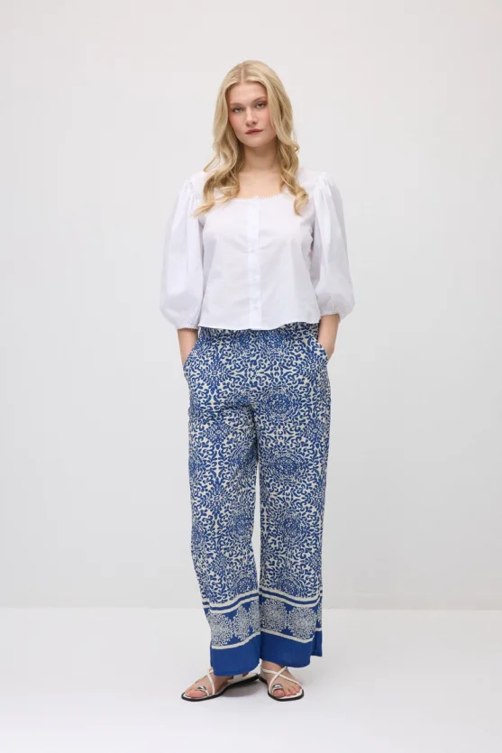 Patterned Viscose Wide-Leg Pants - Navy Blue - 3