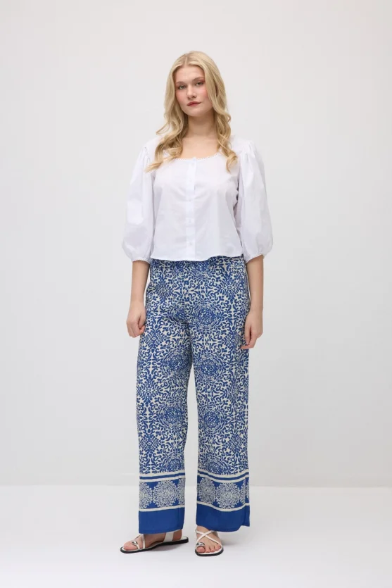 Patterned Viscose Wide-Leg Pants - Navy Blue - Gusto
