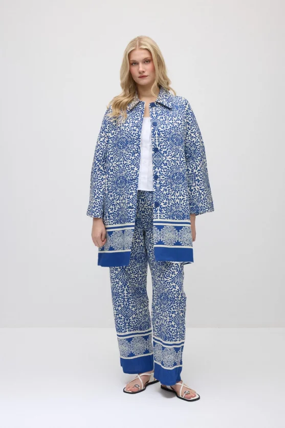 Patterned Viscose Wide-Leg Pants - Navy Blue - Gusto