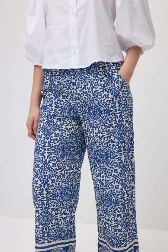 Patterned Viscose Wide-Leg Pants - Navy Blue - Gusto