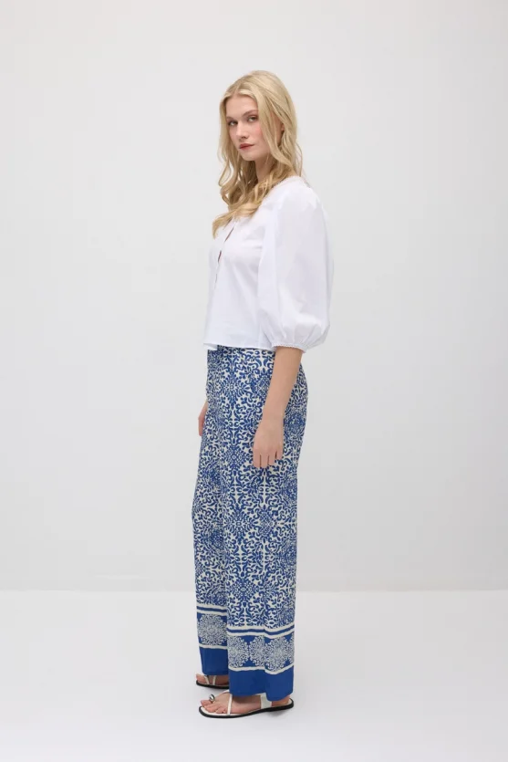 Patterned Viscose Wide-Leg Pants - Navy Blue - 6