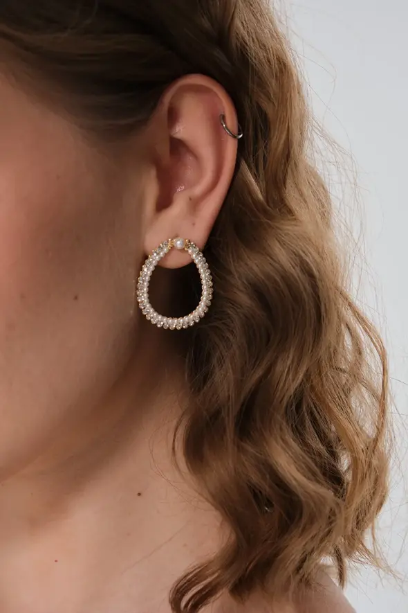 Pearl Detail Zircon Stone Earrings - Gold - 1