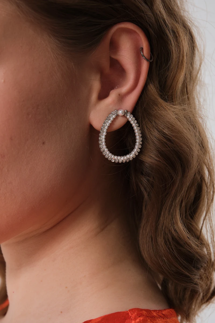 Pearl Detail Zircon Stone Earrings - Silver Silver