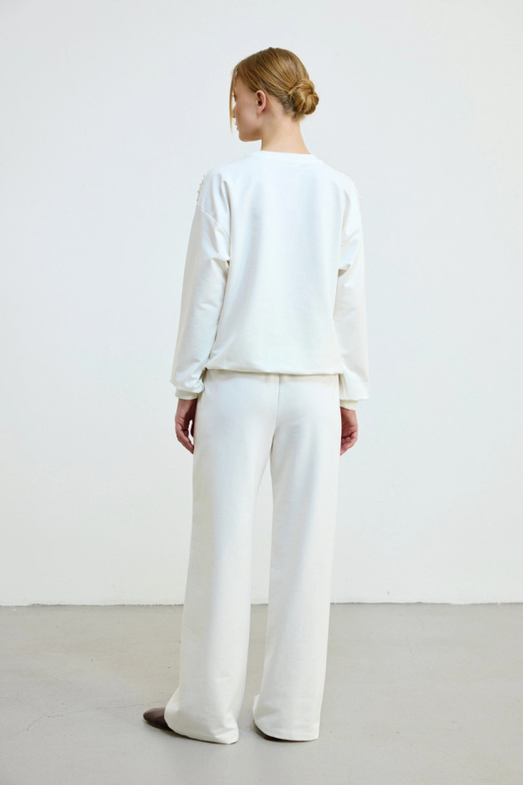 Pearl Detailed Cotton Sweatshirt - Ecru - 4