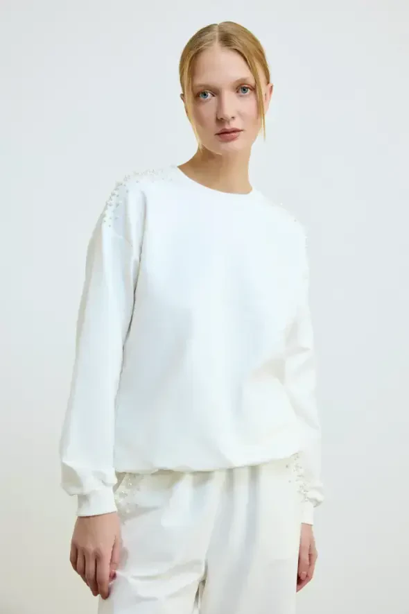 Pearl Detailed Cotton Sweatshirt - Ecru - 1