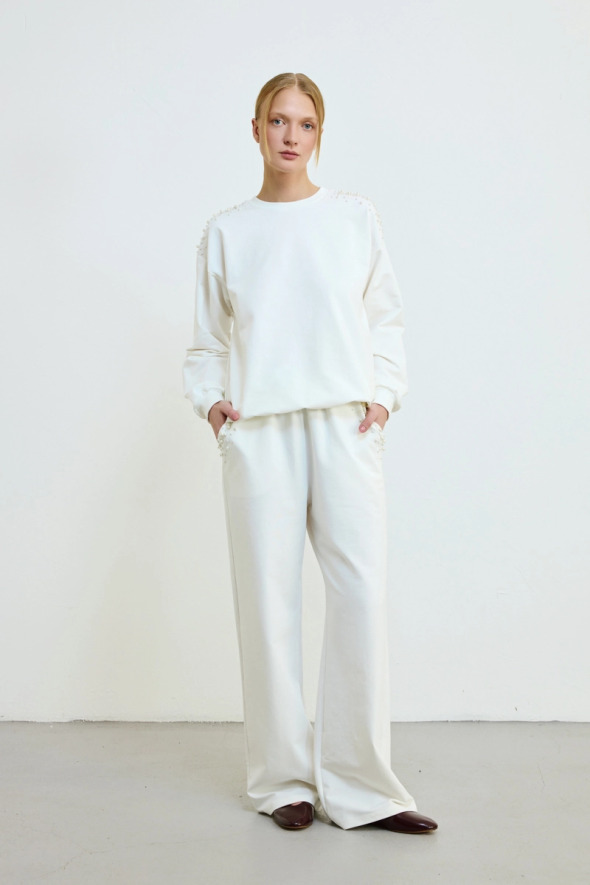 Pearl Detailed Cotton Sweatshirt - Ecru - 2