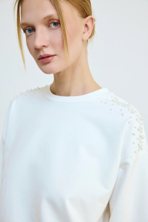 Pearl Detailed Cotton Sweatshirt - Ecru - 3