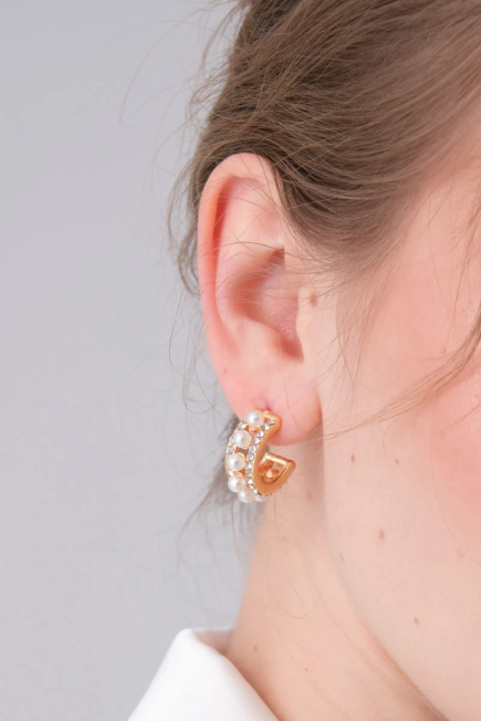 Pearl Detailed Rhinestone Earrings - Gold Gold