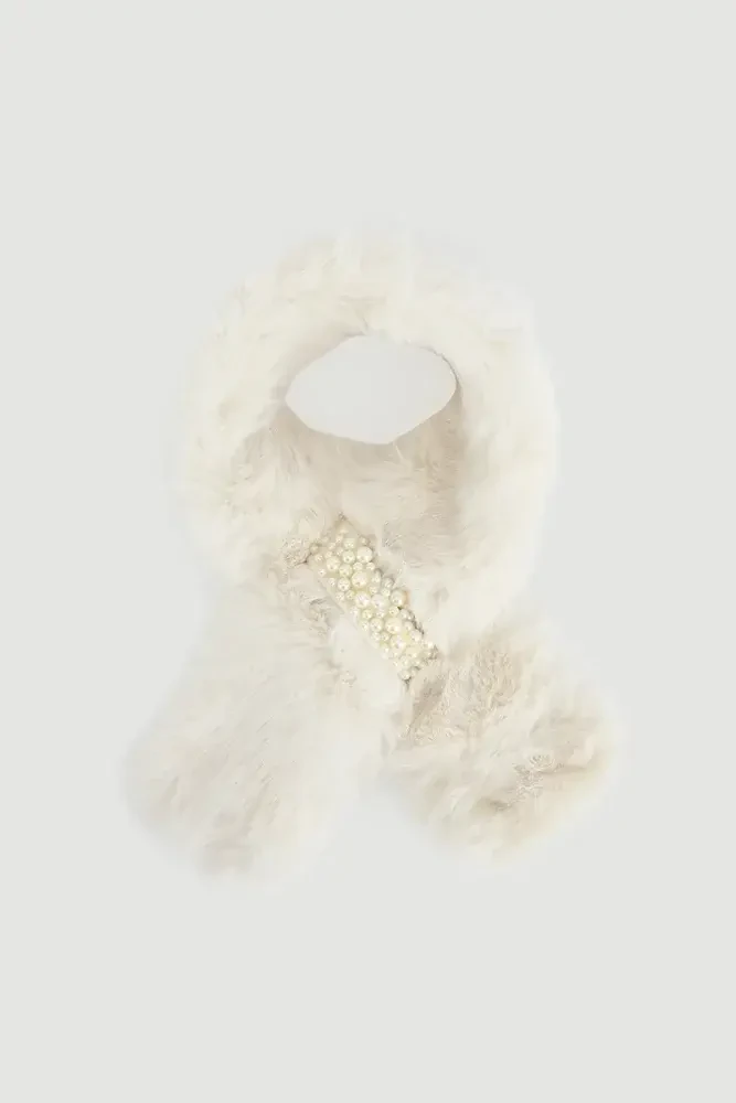 Pearl Embellished Faux Fur Neckwarmer - Ecru