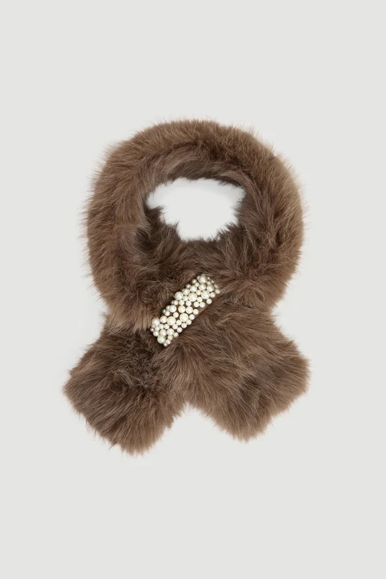 Pearl Embellished Faux Fur Neckwarmer Mink - 1