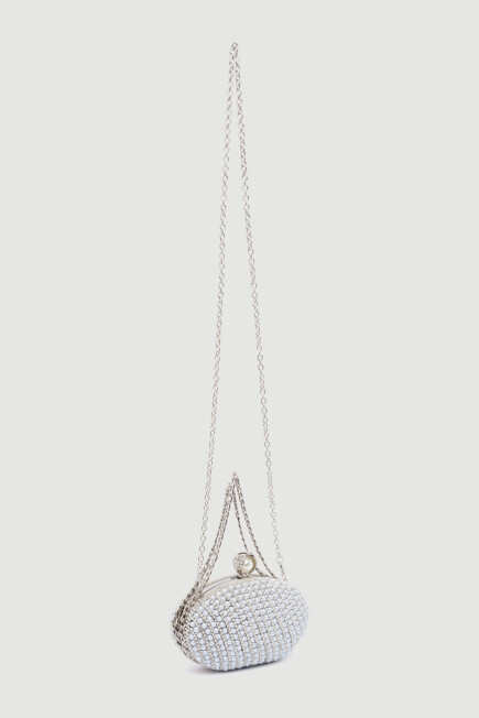 Pearl-Embellished Oval Evening Clutch Bag - White - Gusto