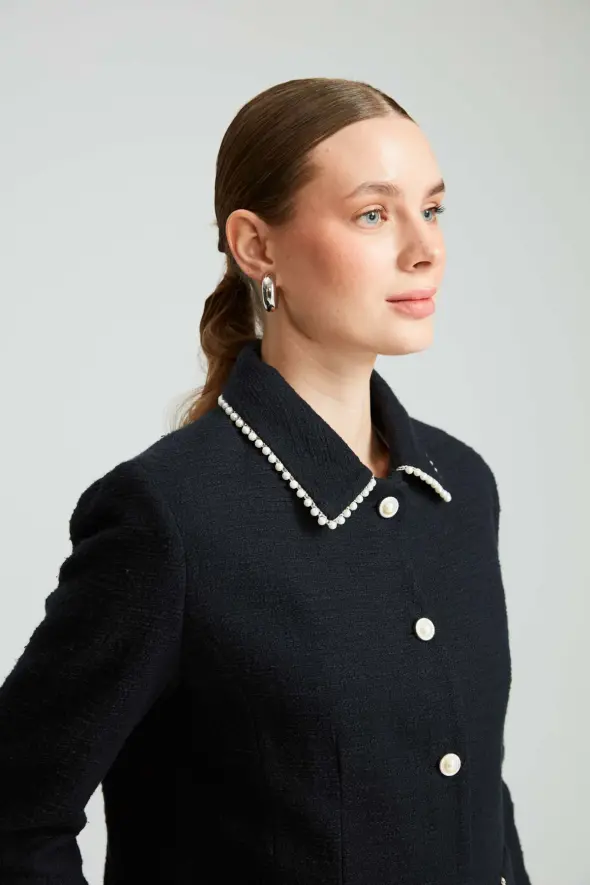 Pearls Cotton Jacket - Navy Blue - 5
