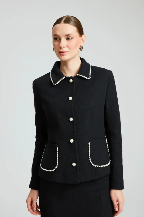 Pearls Cotton Jacket - Navy Blue - 3