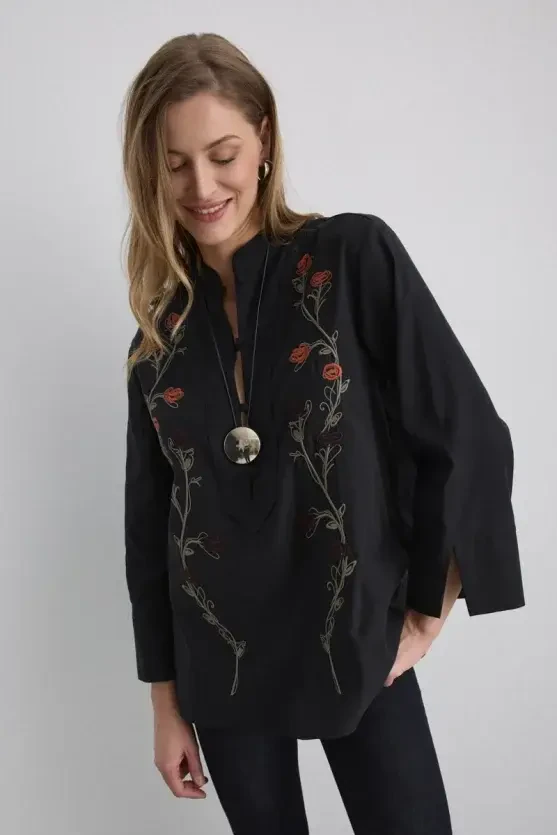 Phoenix Collection Embroidered Blouse - Black - 2