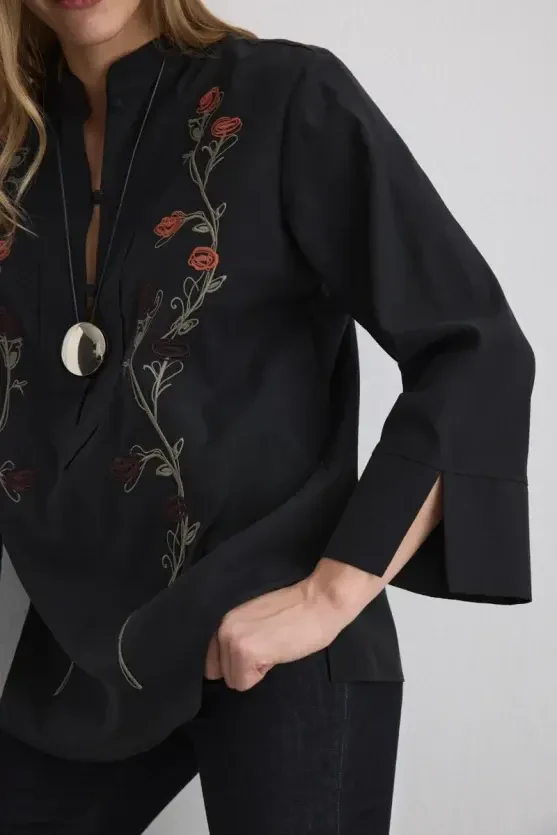 Phoenix Collection Embroidered Blouse - Black - 3