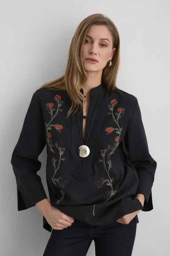 Phoenix Collection Embroidered Blouse - Black - 1