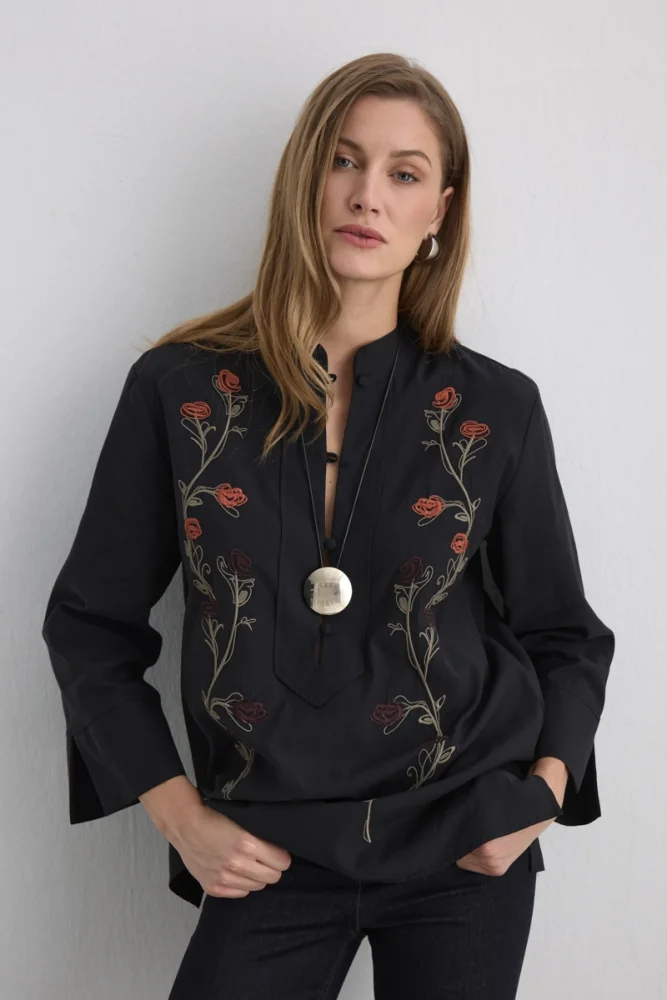 Phoenix Collection Embroidered Blouse Black Black