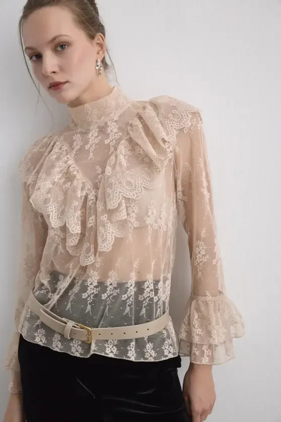 Phoenix Collection Lace Blouse - Beige - 7