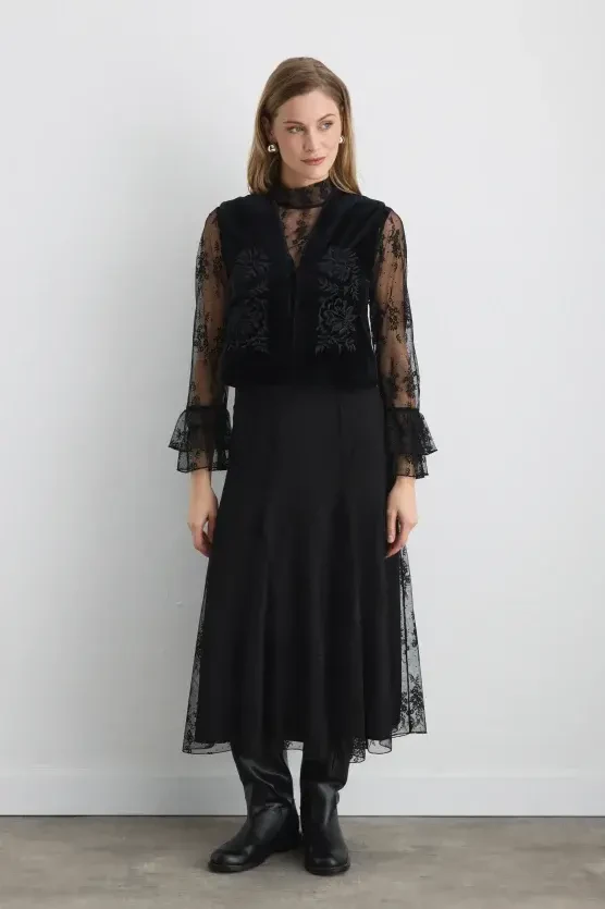 Phoenix Collection Long Lace Skirt - Black - Gusto