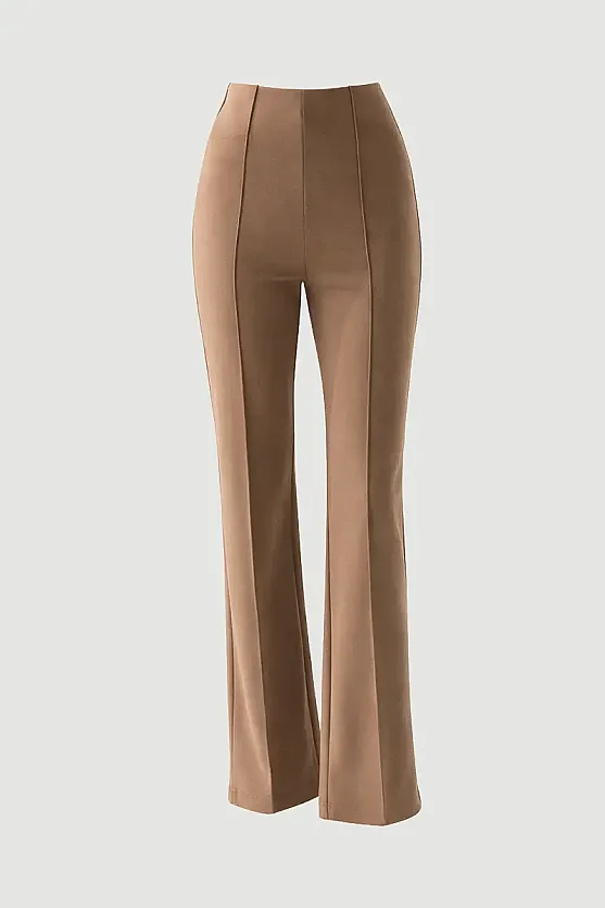 Pintuck Detail Flared Knit Pants - Brown - Gusto