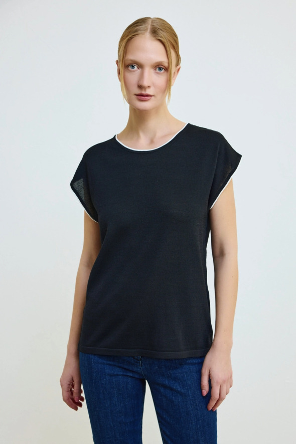 Piped Drop Shoulder Mercerized Knit Blouse - Black - Gusto