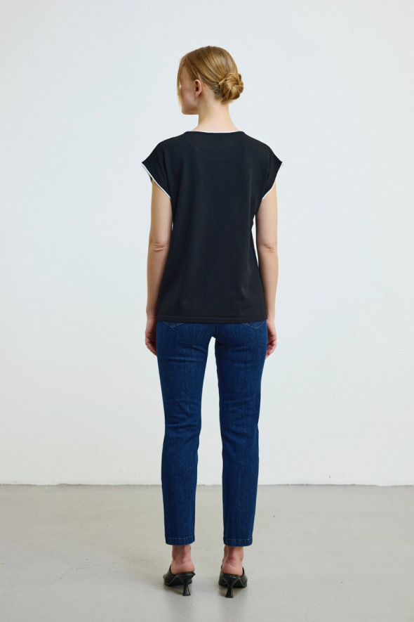 Piped Drop Shoulder Mercerized Knit Blouse - Black - Gusto