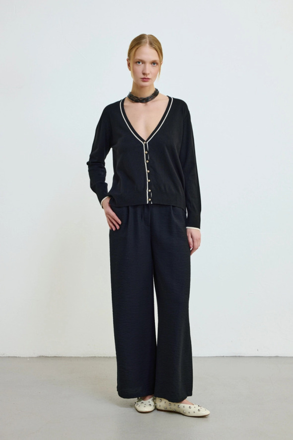 Piped Knit Cardigan - Black - 2