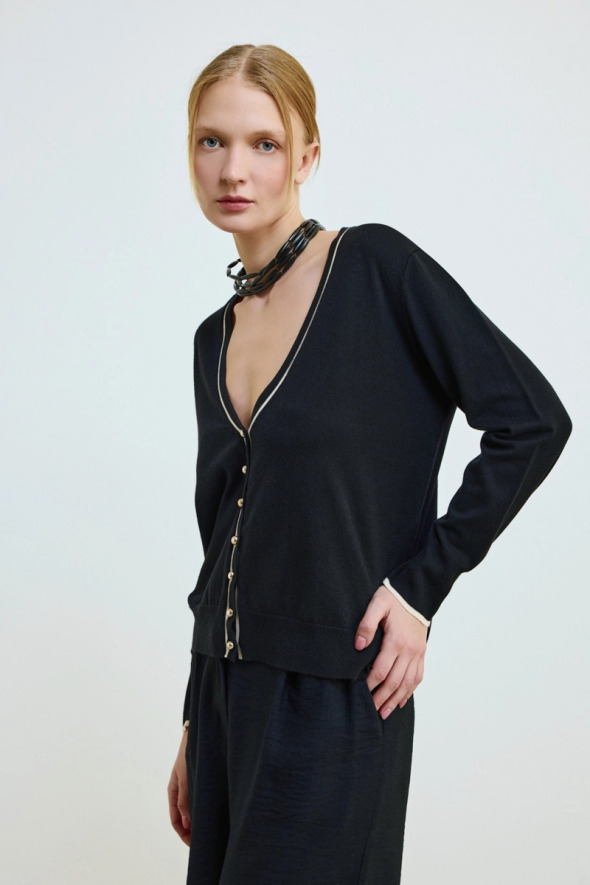 Piped Knit Cardigan - Black - 3