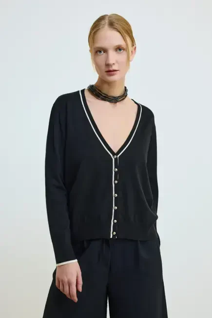 Piped Knit Cardigan - Black Black