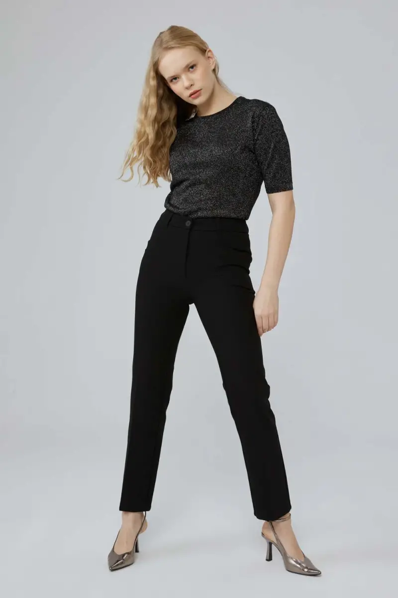 Piped Leg Fabric Trousers - Black - 2