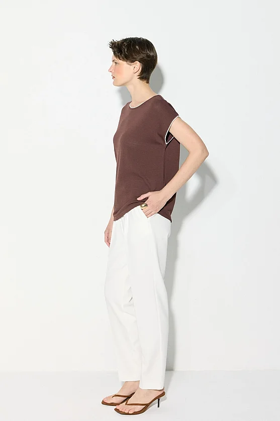 Piped Low Sleeve Mercerized Blouse - Brown - 5