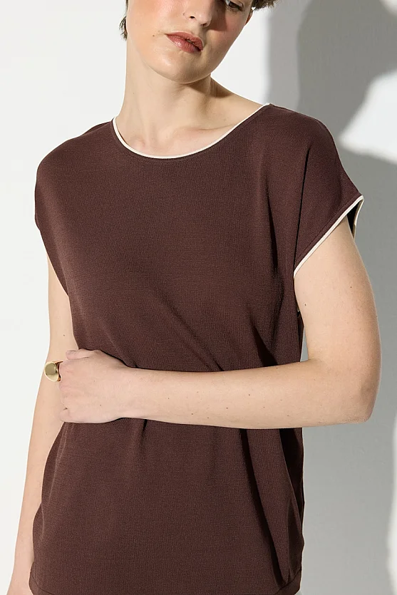 Piped Low Sleeve Mercerized Blouse - Brown - 6