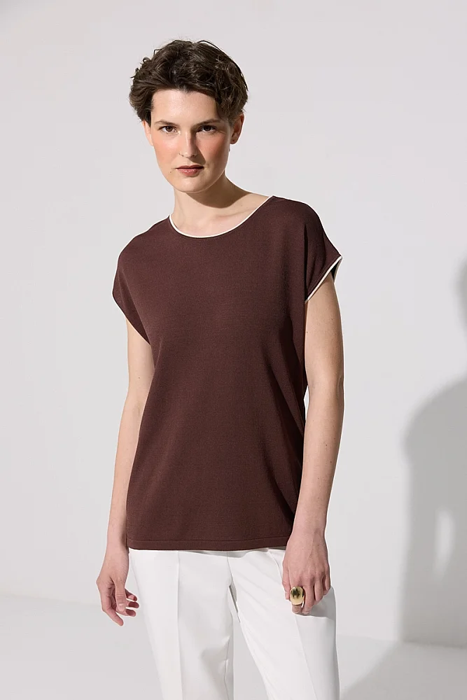 Piped Low Sleeve Mercerized Blouse - Brown Brown