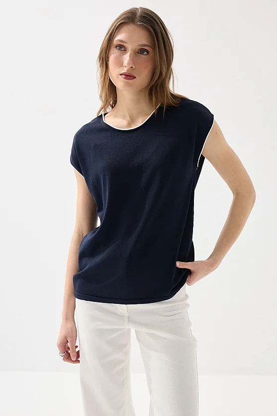 Piped Low Sleeve Mercerized Blouse - Navy Blue - Gusto
