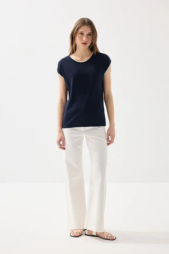 Piped Low Sleeve Mercerized Blouse - Navy Blue - 2
