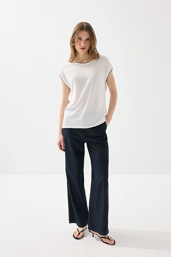 Piped Low Sleeve Mercerized Blouse - White - 2