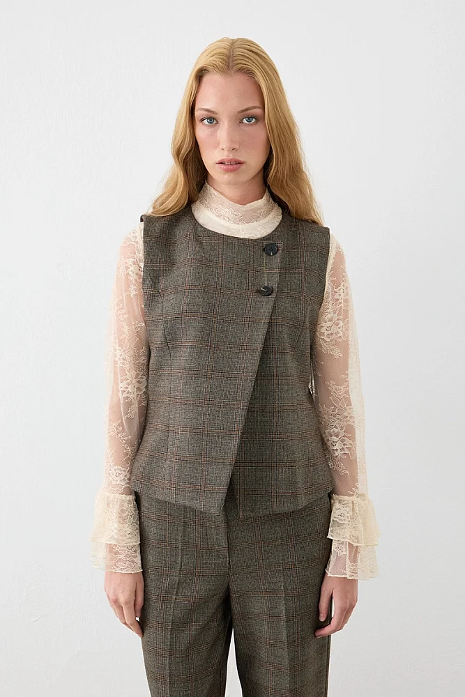 Plaid Asymmetric-Cut Vest - Brown Brown