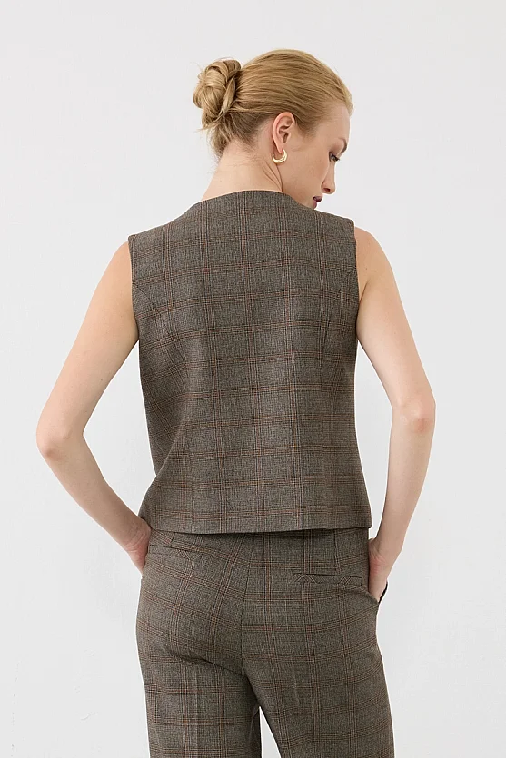 Plaid Asymmetric-Cut Vest - Brown - 10