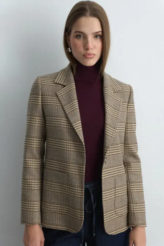 Plaid Blazer Jacket - Beige - 1
