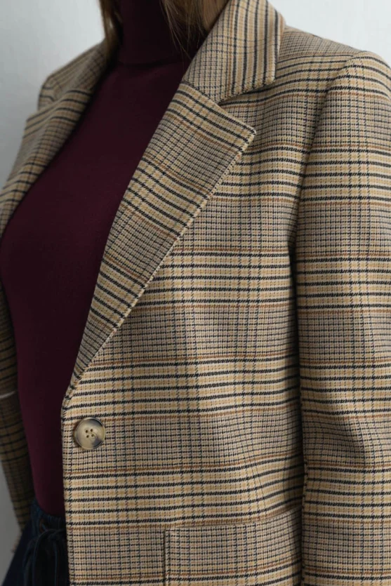 Plaid Blazer Jacket Beige - 5